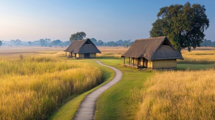 A serene landscape featuring traditional thatched-roof houses along a winding path, surrounded by golden grasslands under a clear blue sky, Ideal for nature, travel, or countryside themes,