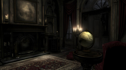 Gothic-inspired industrial living room with dark academia accents: heavy velvet curtains, a black metal fireplace, and a vintage globe on a dark wood console table. Soft candlelight flickers in the di