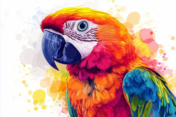 Obraz premium a colorful parrot with a blue beak and a yellow beak on its head, with a splash of paint on the background