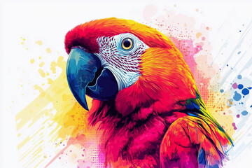 Fototapeta premium a colorful parrot with a blue beak and a yellow beak on its head, with a splash of paint on the background