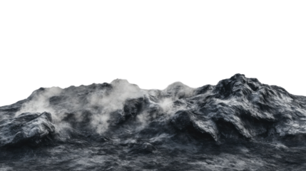 Dark volcanic landscape emitting smoke on transparent background