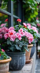 Fototapeta premium Pink carnations bloom beautifully in a rustic ceramic pot, their soft petals adding a touch of charm.