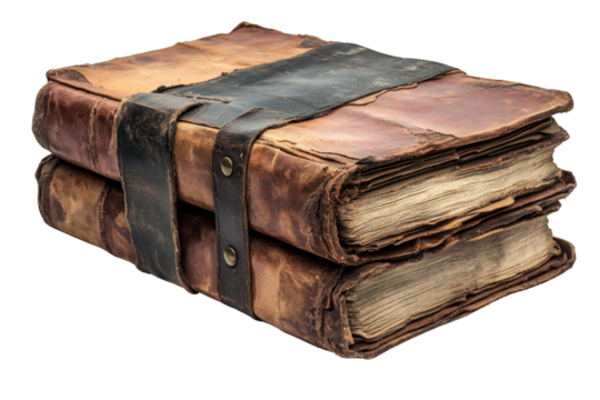 Old, leather-bound books with a weathered appearance, stacked and secured with a dark strap, on a white isolated background.