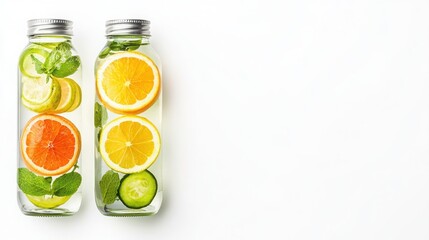 Citrus-infused water in clear bottles, white isolated background