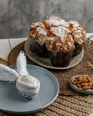 Colomba - Italian traditional Easter bread is topped with pearl sugar and almonds in the shape of a dove. Festive pastries are traditional in Italy.