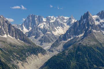 Aiguilles de Chamonix rocky granite mountain peaks in french Alps around Mont Blanc summit in...