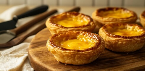 Golden Egg Tarts on Wooden Board Closeup of Flaky Crusts and Glossy Custard Filling