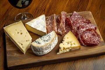 Gourmet Cheese and Salami Platter with Red Wine on Wooden Board