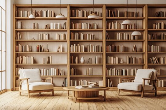 The chic interior of a living area, office lounge, or home library includes white walls, a wooden floor, two cozy armchairs, a bookcase made from gray and wood, and a fake vertical poster frame