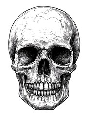 A detailed illustration of a human skull in black and white