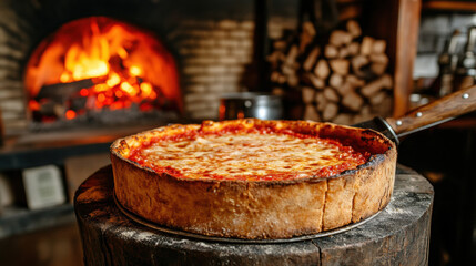 Delicious deep dish pizza baking in a traditional brick oven.