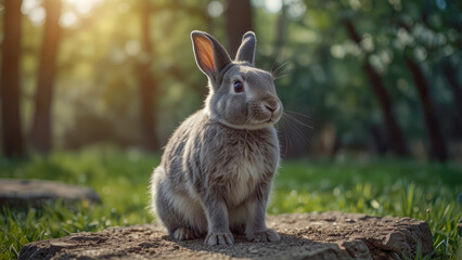 Obraz premium cute gray bunny on spring background