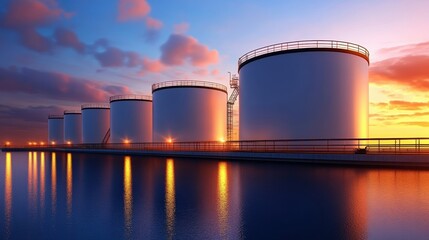 A serene sunset casts a warm glow on large storage tanks by a calm waterway, ideal for illustrating industrial themes, energy production, or environmental discussions,