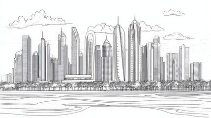 Fototapeta premium Abu Dhabi Skyline: A Single Line Art Perspective - Elegant line art depicting Abu Dhabi's modern cityscape. Symbolizes progress, architecture, luxury, tourism, and the future