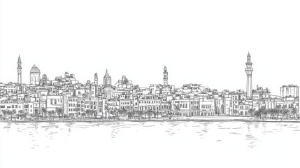 Obraz premium Alexandria Cityscape Line Art - Single line drawing of Alexandria, Egypt's waterfront. Illustrates city buildings, minarets, palm trees, and water. Evokes history, culture, travel, architecture