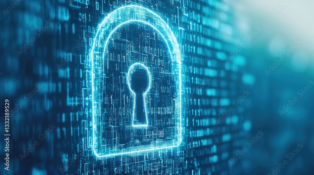 Poster digital lock symbol with binary code in modern cybersecurity concept