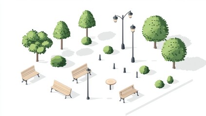 Isometric Pixel Art Park Scene Benches, Trees, and Lampposts