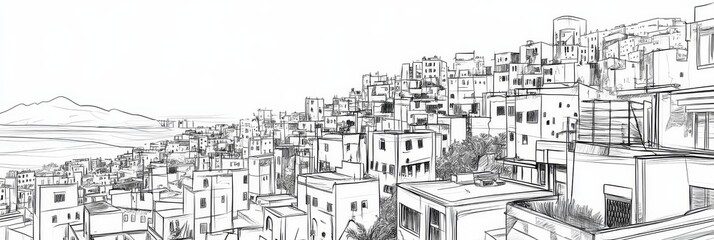 Fototapeta premium Algiers Skyline Panorama: A Line Art Journey - Captivating single-line drawing of Algiers' cityscape, showcasing architectural details, coastal views, hillside homes