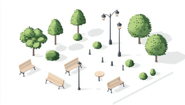Isometric Pixel Art Park Scene Benches, Trees, and Lampposts