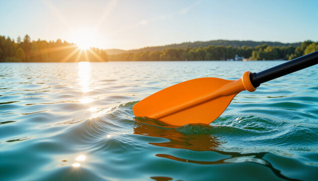 Vibrant kayak paddle cutting through water at sunset, outdoor adventure