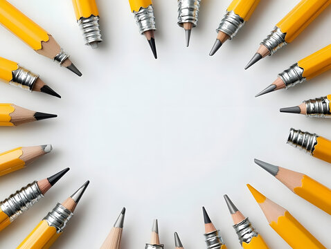 Yellow Pencils Arranged in a Circular Pattern on White Background