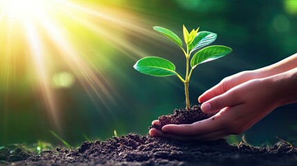 Close-up of hands holding soil with a young plant, a banner for an environment and nature protection day concept. Green background with sun rays. Stock photo contest winner, high resolution, good ligh