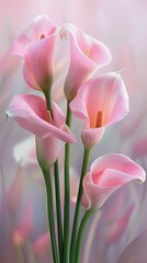 Obraz premium A delicate floral arrangement of soft pink calla lilies with baby's breath, set against a textured teal background for a romantic vintage look.