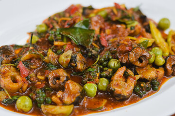 Thai stir-fried spicy eel dish. The herbs and spices used to garnish this dish add flavor.