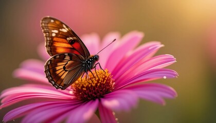 Fototapeta premium Beautiful Butterfly on Pink Flower Nature Macro Photography Summer Insect