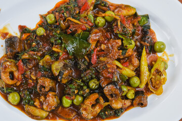 Thai stir-fried spicy eel dish. The herbs and spices used to garnish this dish add flavor.