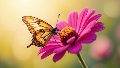 Fototapeta premium Stunning Orange Butterfly on Vibrant Pink Flower in Sunlight Close Up Nature Photography