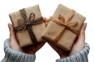 Two beautifully wrapped gift boxes held in hands, tied with twine, symbolizing celebration and giving.