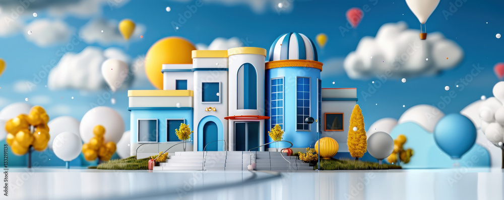 Aufkleber whimsical 3D render of colorful, modern building surrounded by balloons and clouds, creating playful and imaginative atmosphere