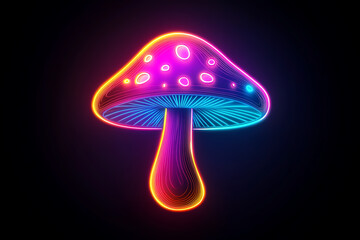 Colorful neon mushroom design glowing against a black background with vibrant hues