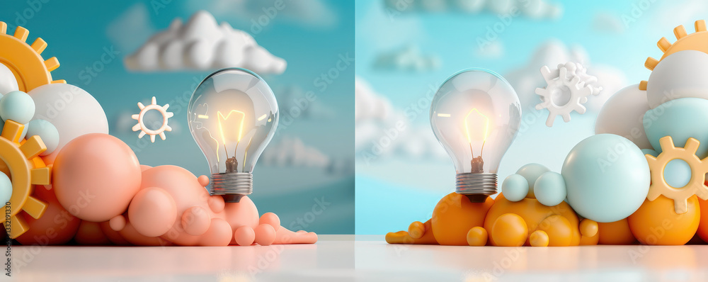 Poster modern digital transformation concept is depicted with minimal 3D render featuring light bulbs surrounded by colorful gears and clouds, symbolizing innovation and creativity