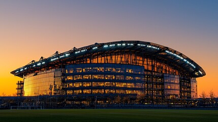 Fototapeta premium Modern building at sunset over grassy field