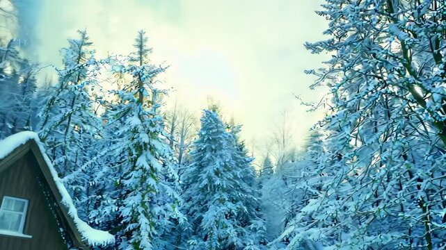 Chilly Winter Cottage Surrounded by Frosty Woods - Serene Nature Background Video