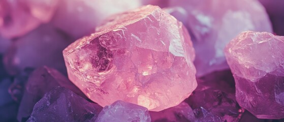 Fototapeta premium Luminescent pink crystals radiate a mesmerizing glow, nestled among shadows, captivating with their tranquil yet vivid allure.