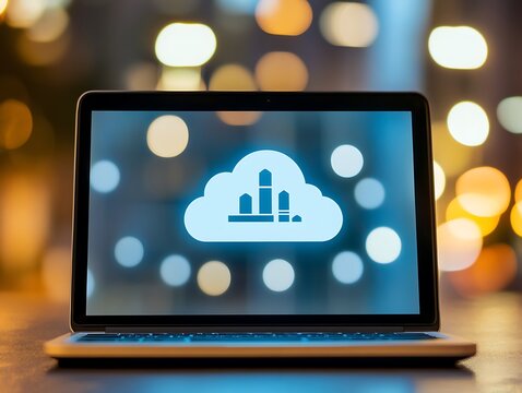 A laptop displaying a cloud computing icon with blurred background lights