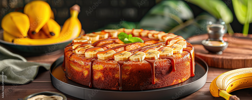 Poster moist banana cake with caramel drizzle is beautifully presented on dark plate, surrounded by fresh b