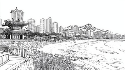 Coastal Cityscape Line Art - Serene coastal city line art. Ancient architecture blends with modern skyline, peaceful beach scene, traditional temple, ocean waves. Symbolism: Harmony, tranquility