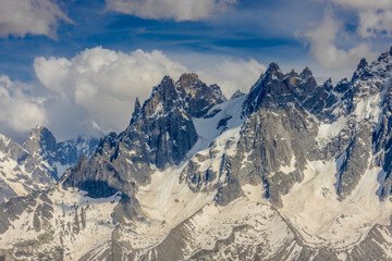 Aiguilles de Chamonix rocky granite mountain peaks in french Alps around Mont Blanc summit in...