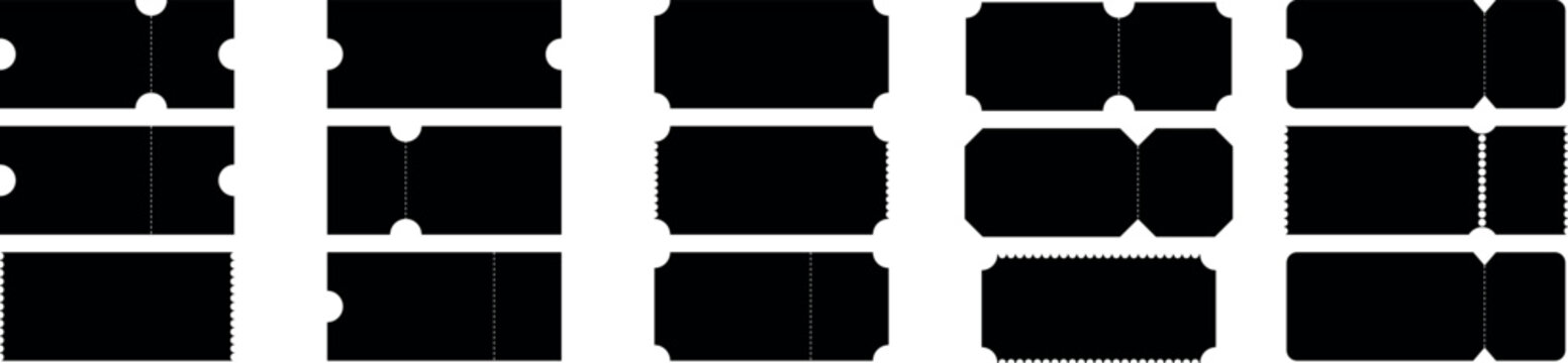 Set of black ticket silhouettes with different shapes and perforations on transparent background. Suitable for designing tickets, vouchers, coupons and invitations