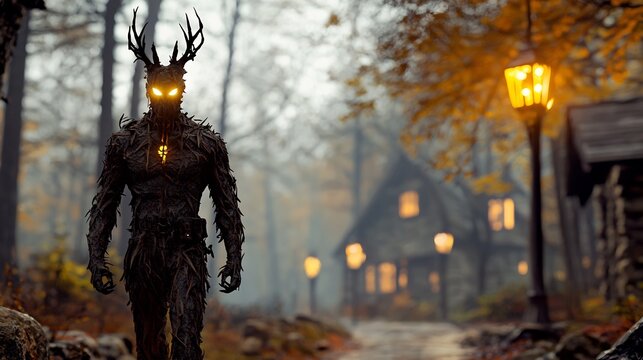 Antlered creature in misty forest path.