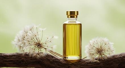 Fototapeta premium Golden Liquid in Glass Bottle with Dandelion Seeds on Wood