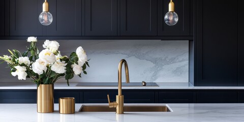 Modern Kitchen Interior with White Peonies and Gold Accents