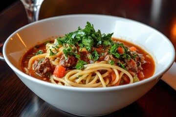 Delicious italian beef stew with spaghetti and fresh parsley