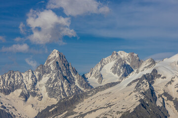 Aiguilles de Chamonix rocky granite mountain peaks in french Alps around Mont Blanc summit in...