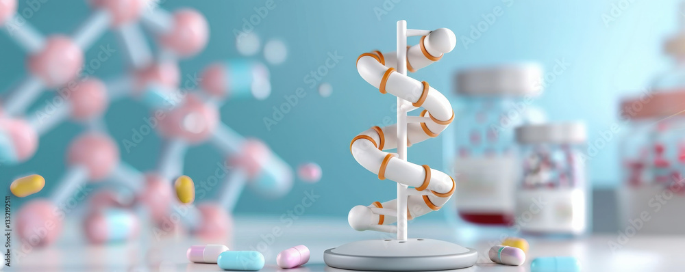 Poster 3D rendering of DNA helix model surrounded by pills and molecular structures, symbolizing intersection of genetics and pharmaceuticals in modern medicine