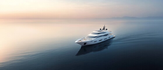 A luxurious yacht glides over serene waters during a tranquil sunset, evoking a sense of freedom and elegance.